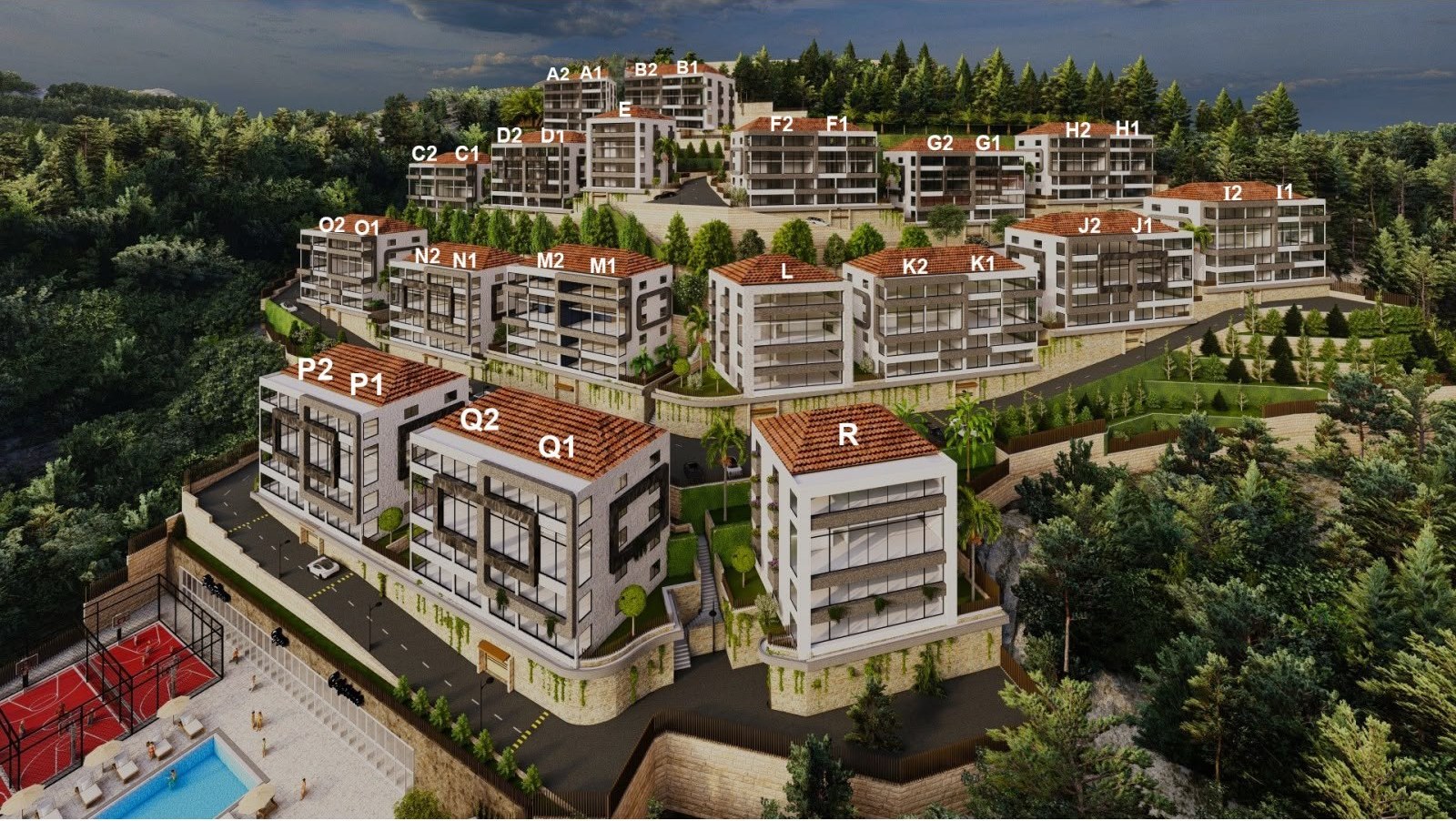 Aerial render of Louayzeh Village with every block labeled from A to R