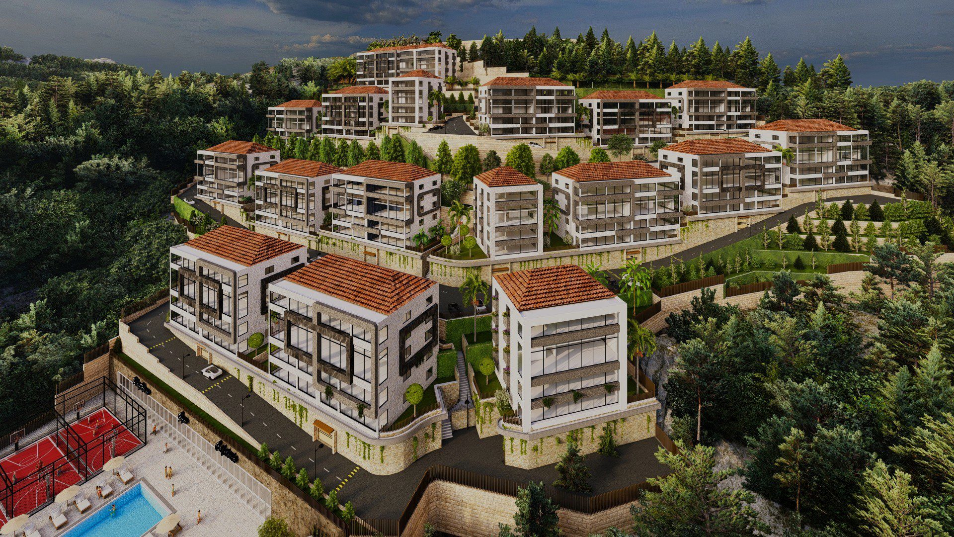 Aerial view of the terraced blocks stepping down the wooded hillside