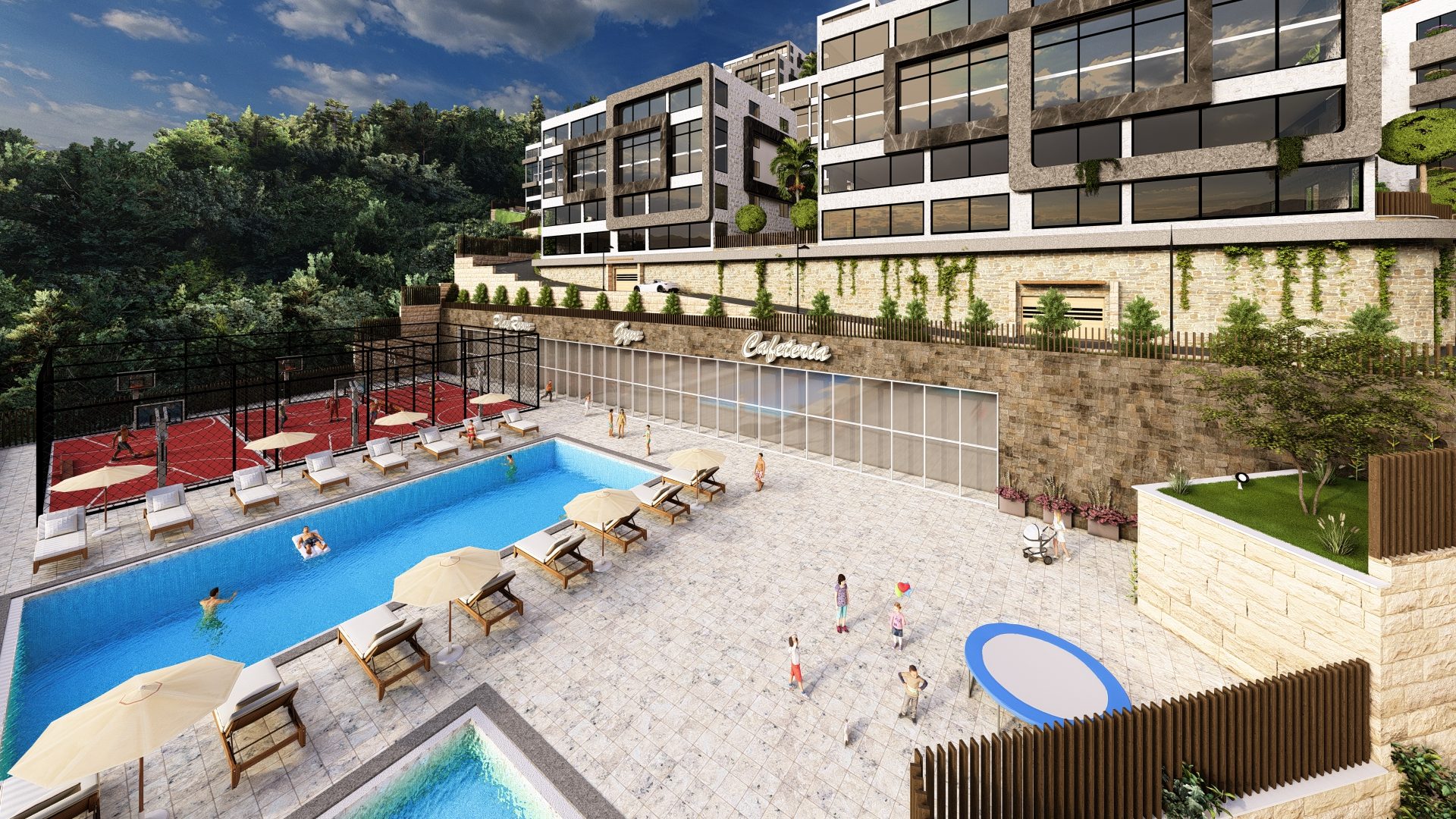 The pools, sun deck, courts and clubhouse facilities