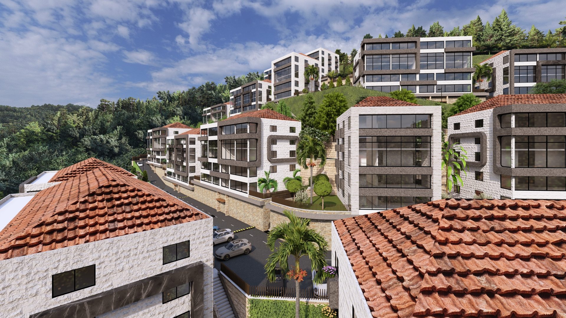 Internal village street between stone-clad blocks