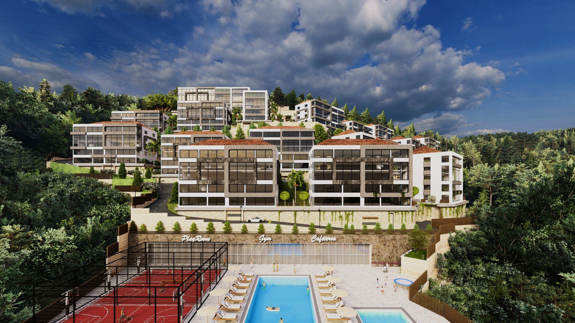 Louayzeh Village blocks rising above the pools, courts and clubhouse