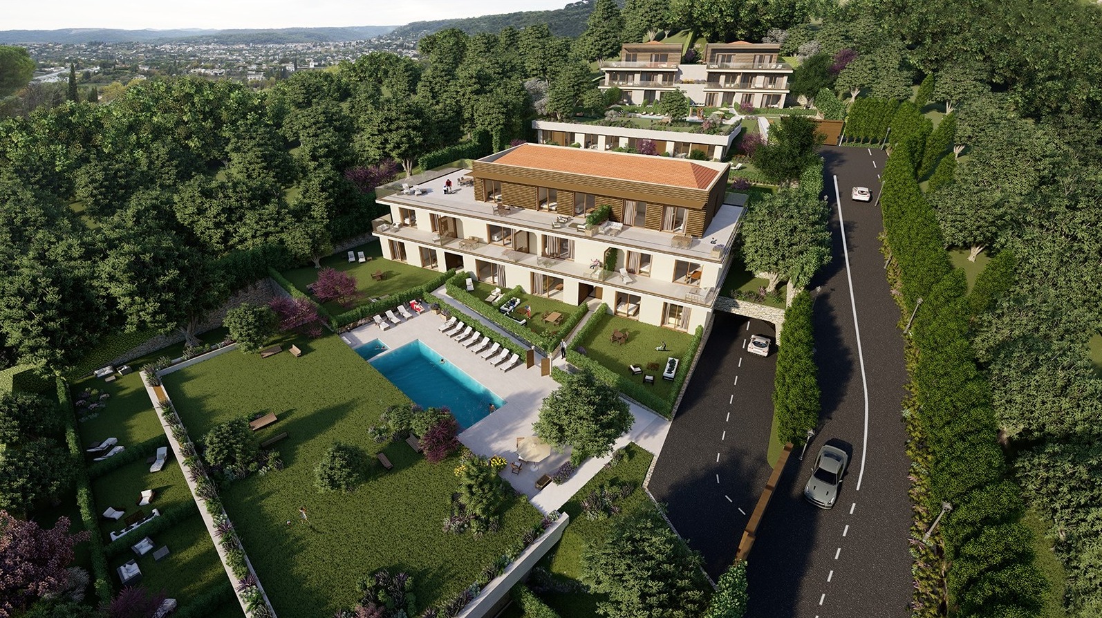 Aerial render of Saint Paul Gardens among the trees of the Côte d'Azur