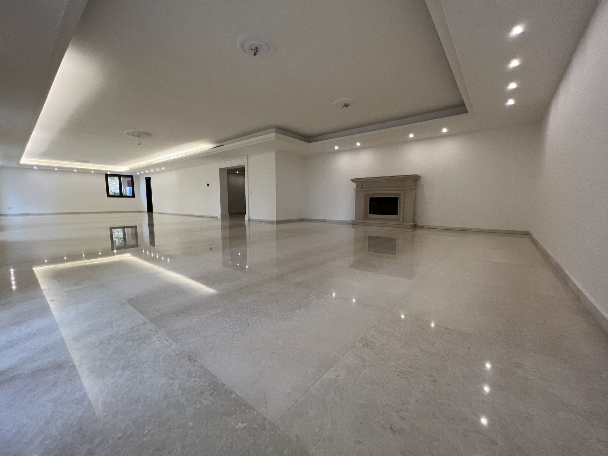 Reception space with garden doors and coffered lighting