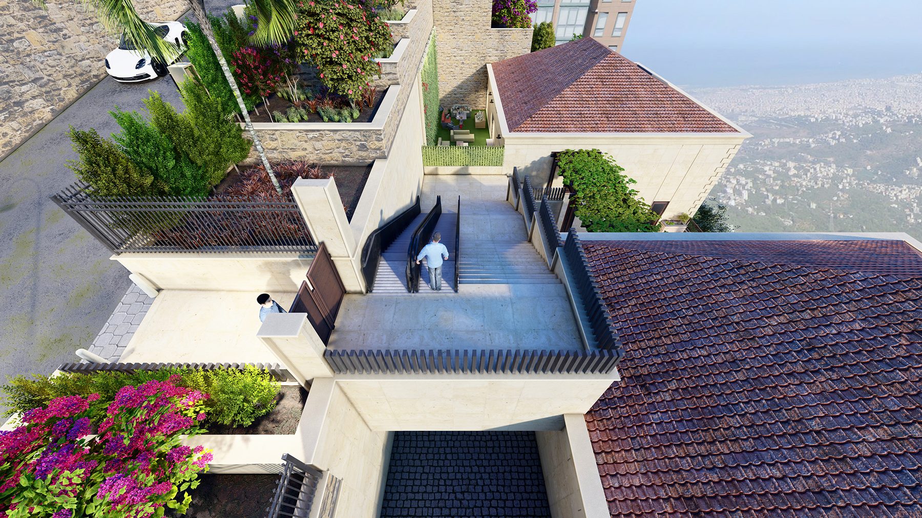 Private escalator connecting the entrance terraces