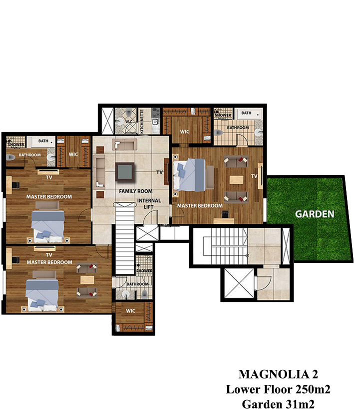 Magnolia II lower floor plan — three master bedrooms and family room