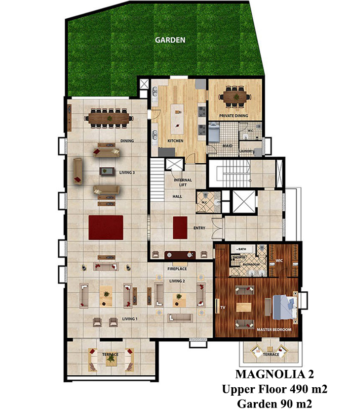 Magnolia II upper floor plan — three salons, dining, kitchen and master bedroom